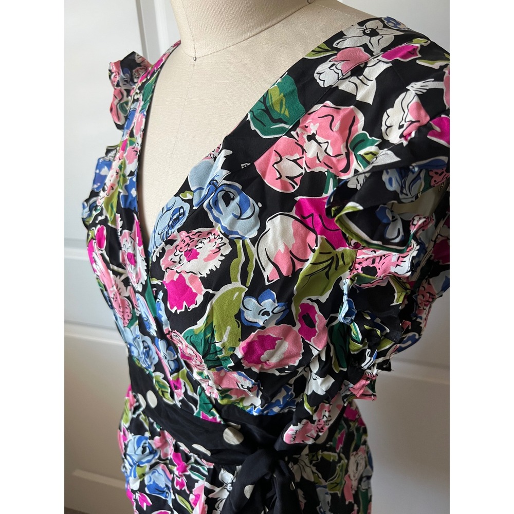Silk Odille Anthropologie Floral Wrap Blouse with Ruffle Sleeve & Polka Dot Belt - Picture 5 of 8